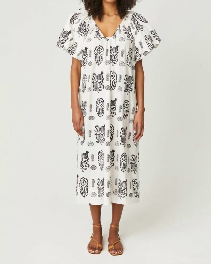 Front of a model wearing a size LARGE Augustina Dress In Ivory Block in Ivory Block by RHODE. | dia_product_style_image_id:347788